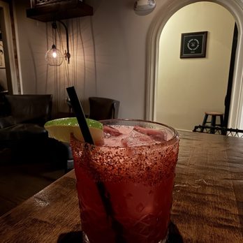 Nobie's - remolacha del corazón ($18) -- beet tequila, mezcal, watermelon (made in house syrup), lime, tajín rim - New American Near Me - Houston, Texas Nobie's - remolacha del corazón ($18) -- beet tequila, mezcal, watermelon (made in house syrup), lime, tajín rim - New American Near Me - Houston, Texas