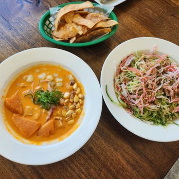 Rocotto Grill - Peruvian ceveche with corn tortilla chips (left), spiralized cucumber salad with crab. - Seafood Near Me - South Padre Island, Texas Rocotto Grill - Peruvian ceveche with corn tortilla chips (left), spiralized cucumber salad with crab. - Seafood Near Me - South Padre Island, Texas