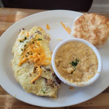 Redhead Bay Cafe - Meat Lover's omlette with cheese grits and a biscuit - New American Near Me - Virginia Beach, Virginia Redhead Bay Cafe - Meat Lover's omlette with cheese grits and a biscuit - New American Near Me - Virginia Beach, Virginia