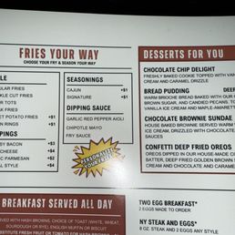 Fries your way menu for the fry lovers. Those deep fried Oreos look good too. Fries your way menu for the fry lovers. Those deep fried Oreos look good too.