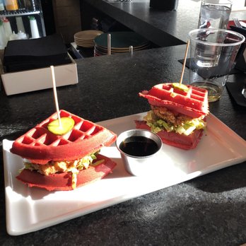 Therapy - Chicken and red velvet waffle sliders w/ vanilla maple syrup - Bars Near Me - Las Vegas, Nevada Therapy - Chicken and red velvet waffle sliders w/ vanilla maple syrup - Bars Near Me - Las Vegas, Nevada
