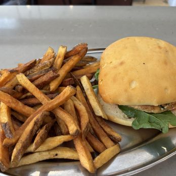 Green Sage Cafe - Downtown - Wild Salmon Burger (GF bun, spinach) Fries - Coffee & Tea Near Me - Asheville, North Carolina