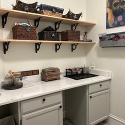 Sorted Out - Pet area in utility room. We even cut a hole in bottom cabinet side for hidden litter box!