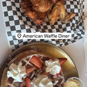 American Waffle Diner - Chicken n waffle with strawberries, almonds n whipped cream. - Breakfast & Brunch Near Me - Stockton, California