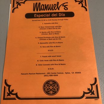 Manuel's Mexican Restaurant - Lunch menu specials - Mexican Near Me - Aptos, California Manuel's Mexican Restaurant - Lunch menu specials - Mexican Near Me - Aptos, California