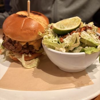 Tap & Vine at 559 - Smash burger with Caesar side salad - Gastropubs Near Me - Medford, Oregon