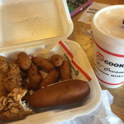 Cook Out - Chicken tenders, corn dog, hush puppies, and a shake for all under 6 dollars!