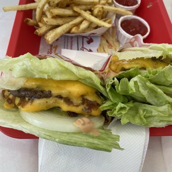 In-N-Out Burger - Double double. No tomatoes animal style protein style plus raw onion. Fries - Fast Food Near Me - Redding, California In-N-Out Burger - Double double. No tomatoes animal style protein style plus raw onion. Fries - Fast Food Near Me - Redding, California