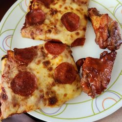 Mayback's - This is our leftovers since I was too busy to take pictures at the party, but Pepperoni pizza and barbecue wings