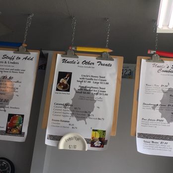 Uncle's Shave Ice - Shaved ice menu as of 08/2018. - Shaved Ice Near Me - Lihue, Hawaii Uncle's Shave Ice - Shaved ice menu as of 08/2018. - Shaved Ice Near Me - Lihue, Hawaii