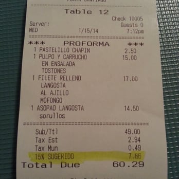 Daniel's - They highlighted the included tip, which was much appreciated. Points for honesty! - Seafood Near Me - Punta Santiago, Puerto Rico