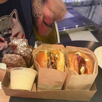 Eggslut - French toasts sticks, ( covered in a lot of sugar)  double cheeseburger, and bacon and egg sandwich. - Breakfast & Brunch Near Me - Las Vegas, Nevada