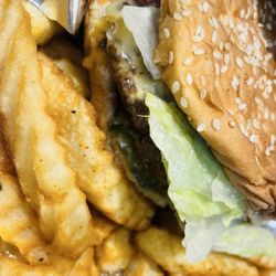 O’Lucky B’s Famous Nachos - Double cheeseburger and fries