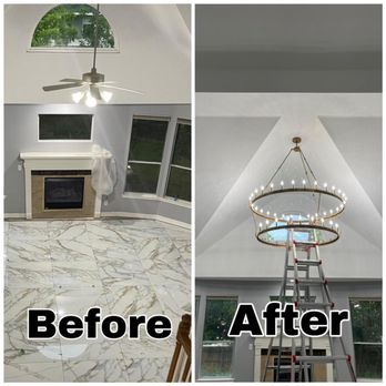 EJ Tech - High ceiling light replacement from fan to chandelier - Electricians Near Me