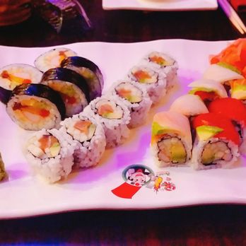 Aodake Sushi and Hibachi - L-R: futomaki, Alaska roll, rainbow roll - Japanese Near Me - Darien, Illinois