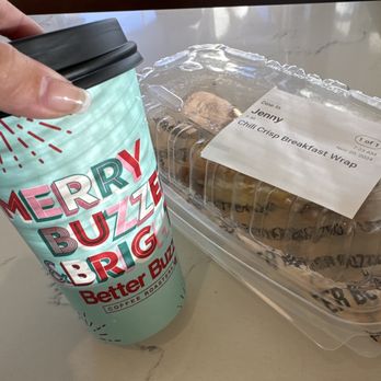 Better Buzz Coffee Costa Mesa - Hot Snickerdoodle Latte and Chili Crisp Breakfast Wrap - Coffee & Tea Near Me - Costa Mesa, California