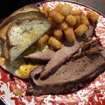Jethro's BBQ 'N Bacon Bacon - Cowboy breakfast: brisket is pretty good, tots are amazing - Barbeque Near Me - West Des Moines, Iowa