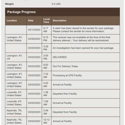 UPS Customer Center - My package delivery on March 3rd to my home in Paris, KY so said a representative in another country. Clearly says Lexington at 3:00 PM