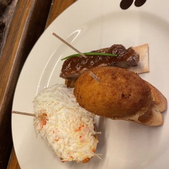 Irati Taverna Basca - Crab and mayo, croquette, and minced beef pâté thing. - Tapas Bars Near Me - Barcelona, B Irati Taverna Basca - Crab and mayo, croquette, and minced beef pâté thing. - Tapas Bars Near Me - Barcelona, B