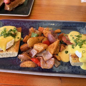 Hula Grill Waikiki - Homemade Focaccia Benedict Portuguese Sausage - Hawaiian Near Me - Honolulu, Hawaii Hula Grill Waikiki - Homemade Focaccia Benedict Portuguese Sausage - Hawaiian Near Me - Honolulu, Hawaii