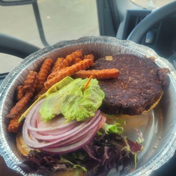 Cafe 360 - Black Bean Chiplote Burger w/ Fries Sweet Potato Fries (Made VEGAN  when asked for NO MAYO) Bah BAH BIG L.Y.T Live Your Time - Gelato Near Me - Freehold, New Jersey