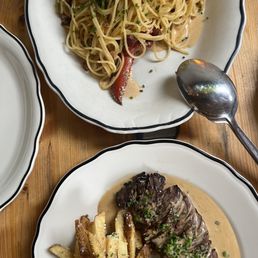 Lobster spaghetti and Steak & frites Lobster spaghetti and Steak & frites
