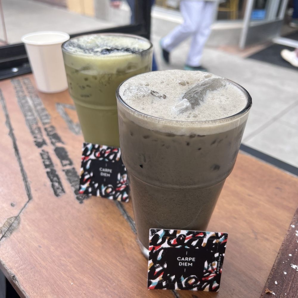 Public Square - Pandan Latte (back) and Black Sesame latte - Coffee & Tea Near Me - La Mesa, California Public Square - Pandan Latte (back) and Black Sesame latte - Coffee & Tea Near Me - La Mesa, California