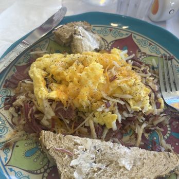 Crazy Beans - Corned Beef Old Fashioned with cheddar scrambled eggs and multi-grain toast - Breakfast & Brunch Near Me - Stony Brook, New York