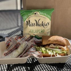 Small Engineer Sub on wheat Ms Vickies jalapeño chips