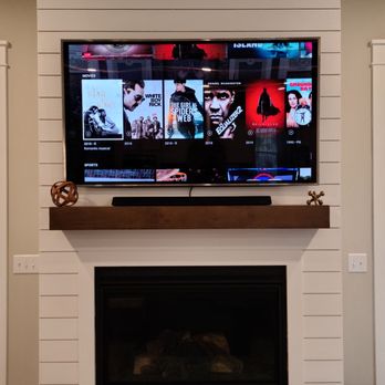 Wired Installations - 65" tv hung on a shiplap wall. I didn't bother getting the soundbar tucked because I plan on getting a new one soon. - Home Theatre Installation Near Me - Summerville, South Carolina