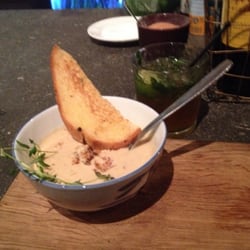 Tildas Krog - Artichoke Soup with Bacon and Croutons and a side of buttered toast.