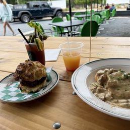 Chicken biscuit and andouille sausage gravy. Chicken biscuit and andouille sausage gravy.