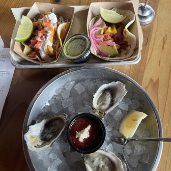 Seasurf Fish Co - Oysters, The Classic Fish Taco (left), Chicken Tinga Taco (right) - Seafood Near Me - Del Mar, California Seasurf Fish Co - Oysters, The Classic Fish Taco (left), Chicken Tinga Taco (right) - Seafood Near Me - Del Mar, California