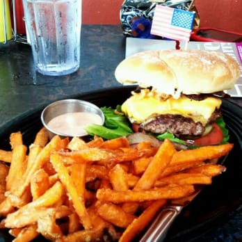 Block 15 Brewing - American Burger (as if the flag wasn't a dead giveaway) with Sweet Potato Fries - New American Near Me - Corvallis, Oregon