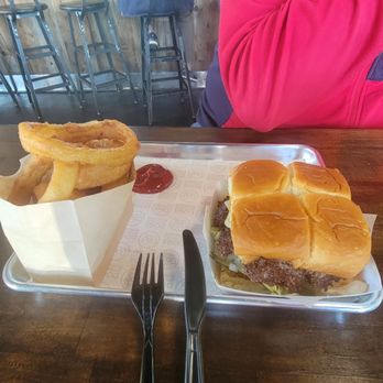 Dog Haus Biergarten - Cheeseburger with onion rings - Burgers Near Me - Vista, California Dog Haus Biergarten - Cheeseburger with onion rings - Burgers Near Me - Vista, California