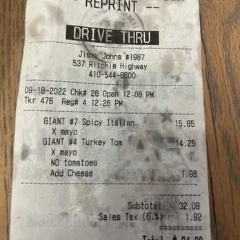 Jimmy John's - receipt for drive thru - Sandwiches Near Me - Severna Park, Maryland Jimmy John's - receipt for drive thru - Sandwiches Near Me - Severna Park, Maryland