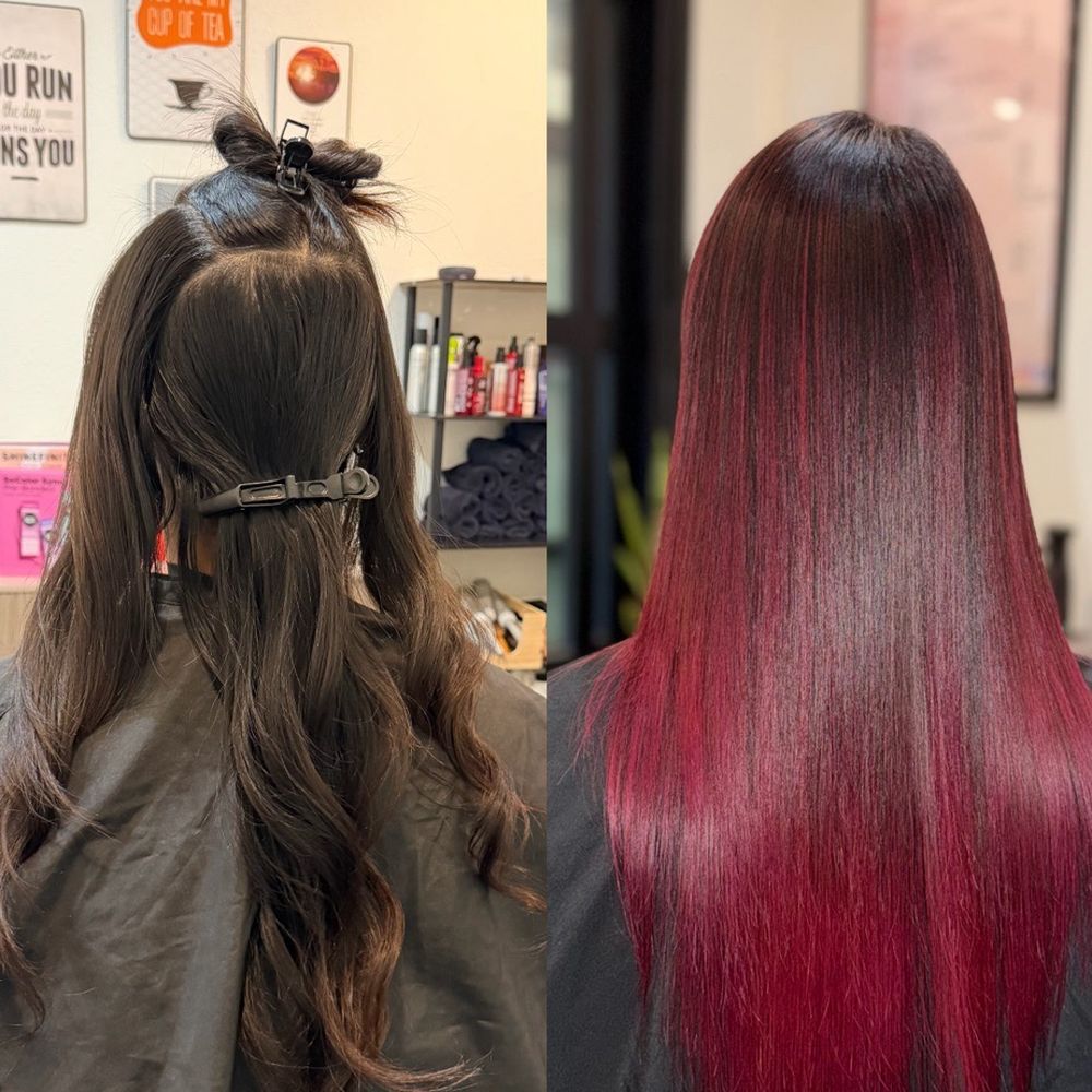 The Color Hustle - Hair transformation from a natural black to a beautiful cherry cola. The lighting makes it much more red than it really is - Hair Salons Near Me - San Ramon, California The Color Hustle - Hair transformation from a natural black to a beautiful cherry cola. The lighting makes it much more red than it really is - Hair Salons Near Me - San Ramon, California