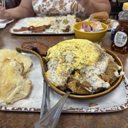 Country fried steak skillet with biscuit
