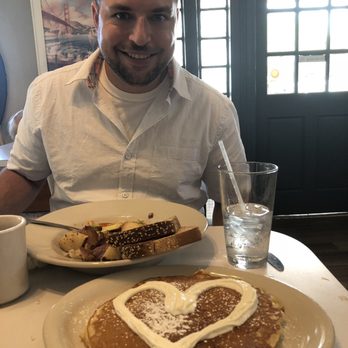 Sunset Grill - Beautiful free heart pancakes from our server and my handsome fiancé! - American Near Me - Fredericksburg, Texas