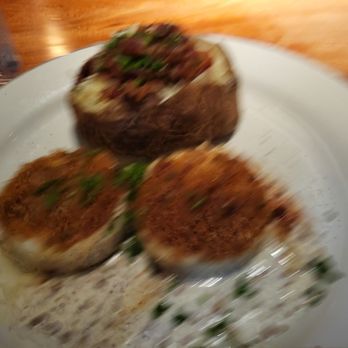 Buck & Rider — Gilbert / East Valley - Blurry picture (sorry) of my crab cakes & loaded baked potato - Seafood Near Me - Gilbert, Arizona
