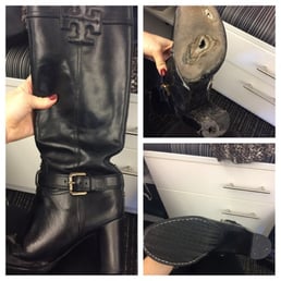 Top right - damaged sole and heel from winter salt and water damage. Left and below right - brand new sole and heel. Amazing job Top right - damaged sole and heel from winter salt and water damage. Left and below right - brand new sole and heel. Amazing job