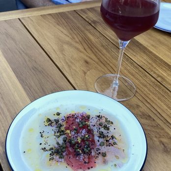 Cellar Hand - Aly's Crudo scallop, caper cured rockfish, bluen, "sicilian style" - Mediterranean Near Me - San Diego, California
