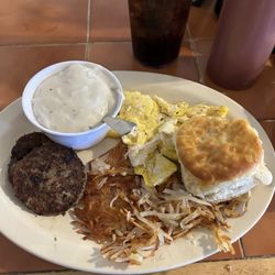 Nichols Restaurant - 1 Egg breakfast with sausage, hash browns, and biscuit & gravy -Delish!