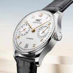 Cooper Jewelers - The Portugieser Automatic 42 in stainless steel with a Silver Moon dial, gold-plated hands and appliques, and a black alligator leather stra