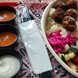Mediterranean Soul - Falafel bowl with garlic sauce, red sauce, and fire sauce.