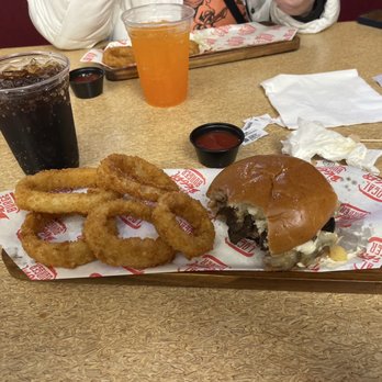 Local Bigger Burger - 'Shrooms n Onion burger w/onion rings. - Burgers Near Me - Seattle, Washington