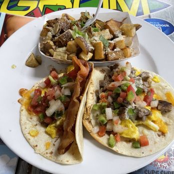 Grom - Breakfast tacos - 1 bacon, 1 sausage - Sandwiches Near Me - Jacksonville Beach, Florida Grom - Breakfast tacos - 1 bacon, 1 sausage - Sandwiches Near Me - Jacksonville Beach, Florida