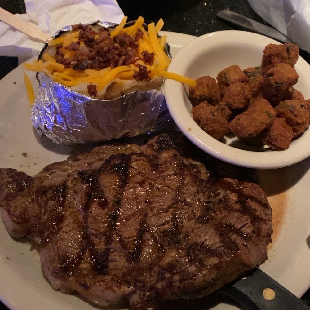 Two Frogs Grill - Small Steak And Baked Potato And Fried Okra - American Near Me - Ardmore, Oklahoma Two Frogs Grill - Small Steak And Baked Potato And Fried Okra - American Near Me - Ardmore, Oklahoma
