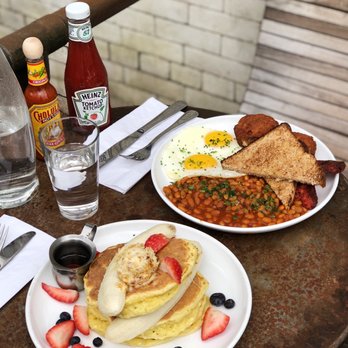 Five Leaves - Top: Big Breakkie ($16) & Bottom: Ricotta Pancakes ($16) - New American Near Me - Brooklyn, New York Five Leaves - Top: Big Breakkie ($16) & Bottom: Ricotta Pancakes ($16) - New American Near Me - Brooklyn, New York