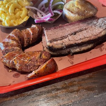 Terry Black's Barbecue - Brisket, jalapeño cheese sausage with Mac n cheese and cornbread - Barbeque Near Me - Austin, Texas Terry Black's Barbecue - Brisket, jalapeño cheese sausage with Mac n cheese and cornbread - Barbeque Near Me - Austin, Texas